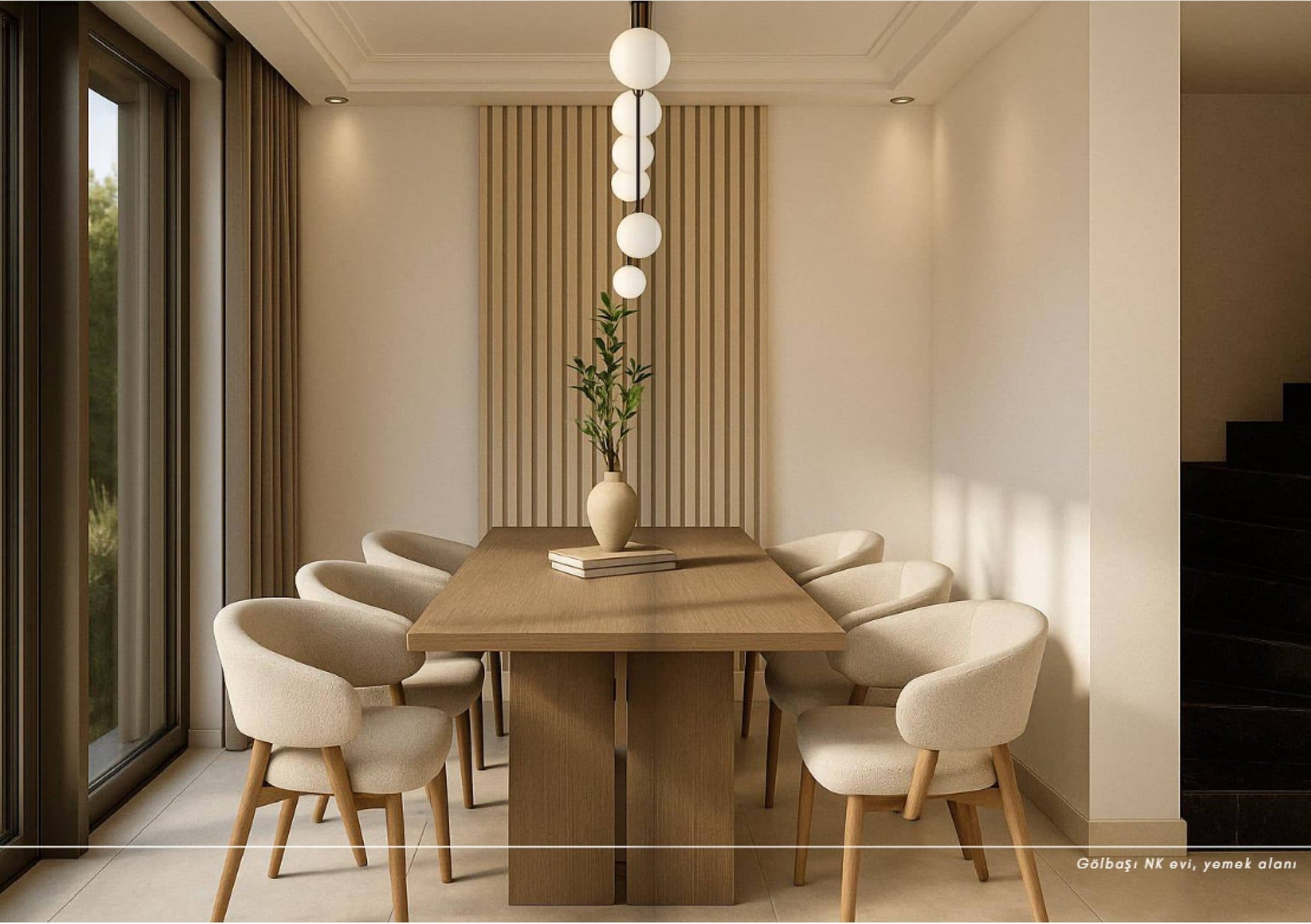 Gölbaşı NK Evi — yemek alanı, ahşap masa ve küre sarkıt aydınlatma