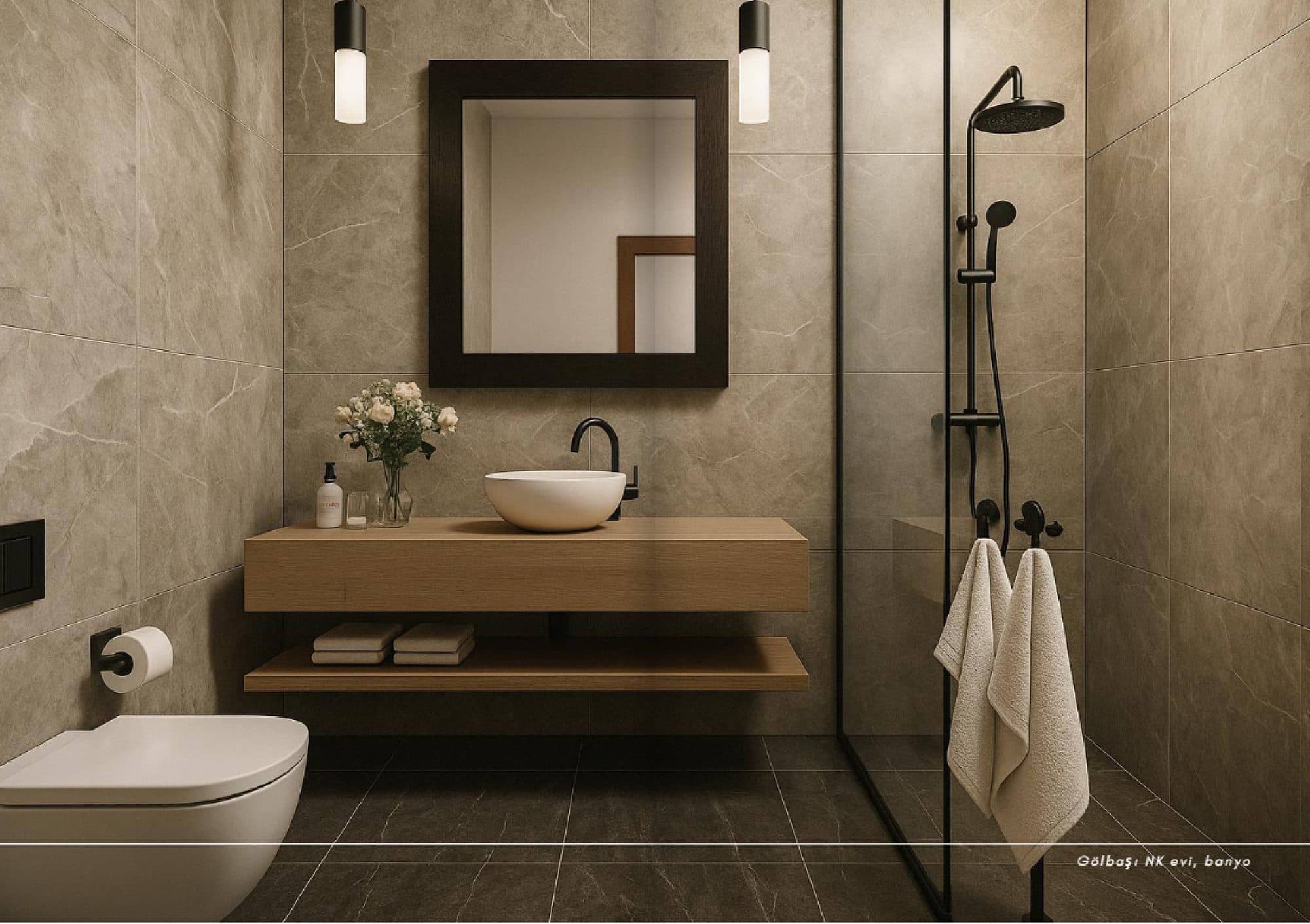 Gölbaşı NK Evi — banyo, ahşap lavabo dolabı ve duş